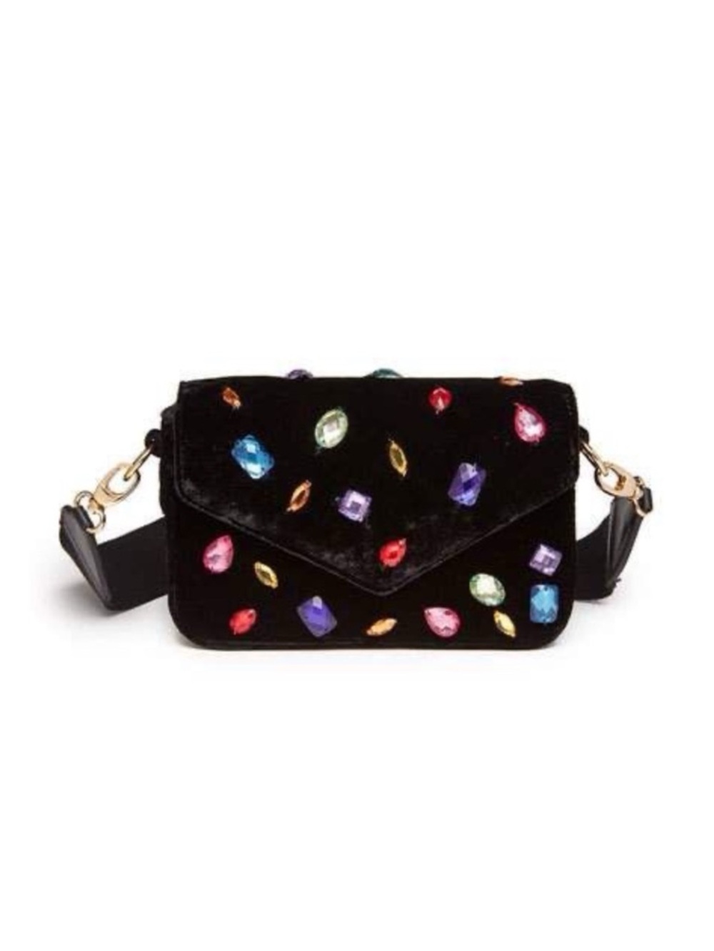Edie Parker Melissa Crushed Velvet Jewel Crossbody Bag Black Multi Rhinestone
